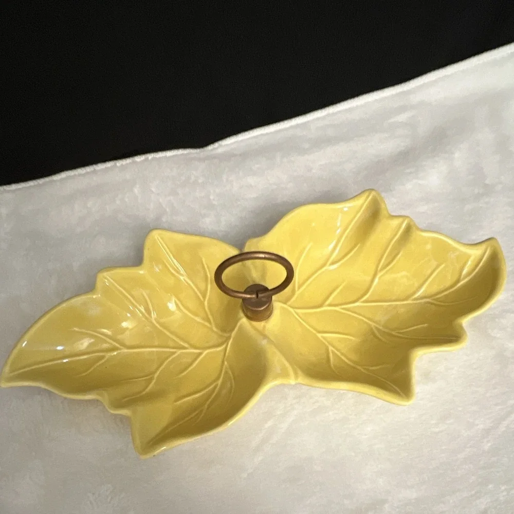 Vintage Yellow Leaf Divided Ceramic Serving Tray w/ Metal Handle USA MCM